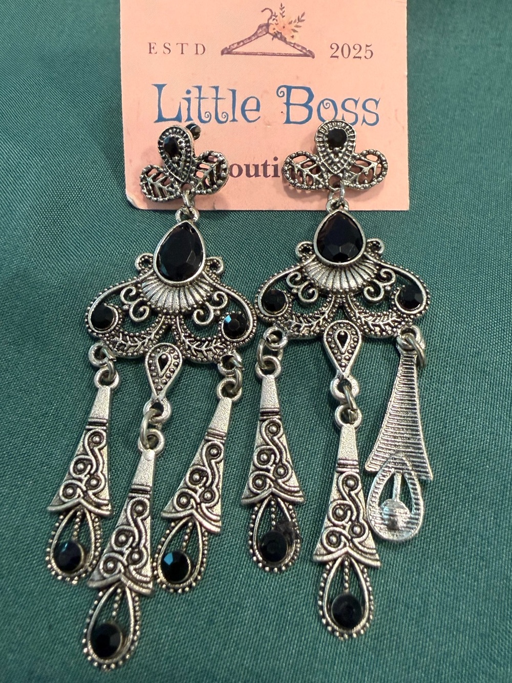 Ornate black beaded silver tone dangle drop post earrings glam whimsigoth